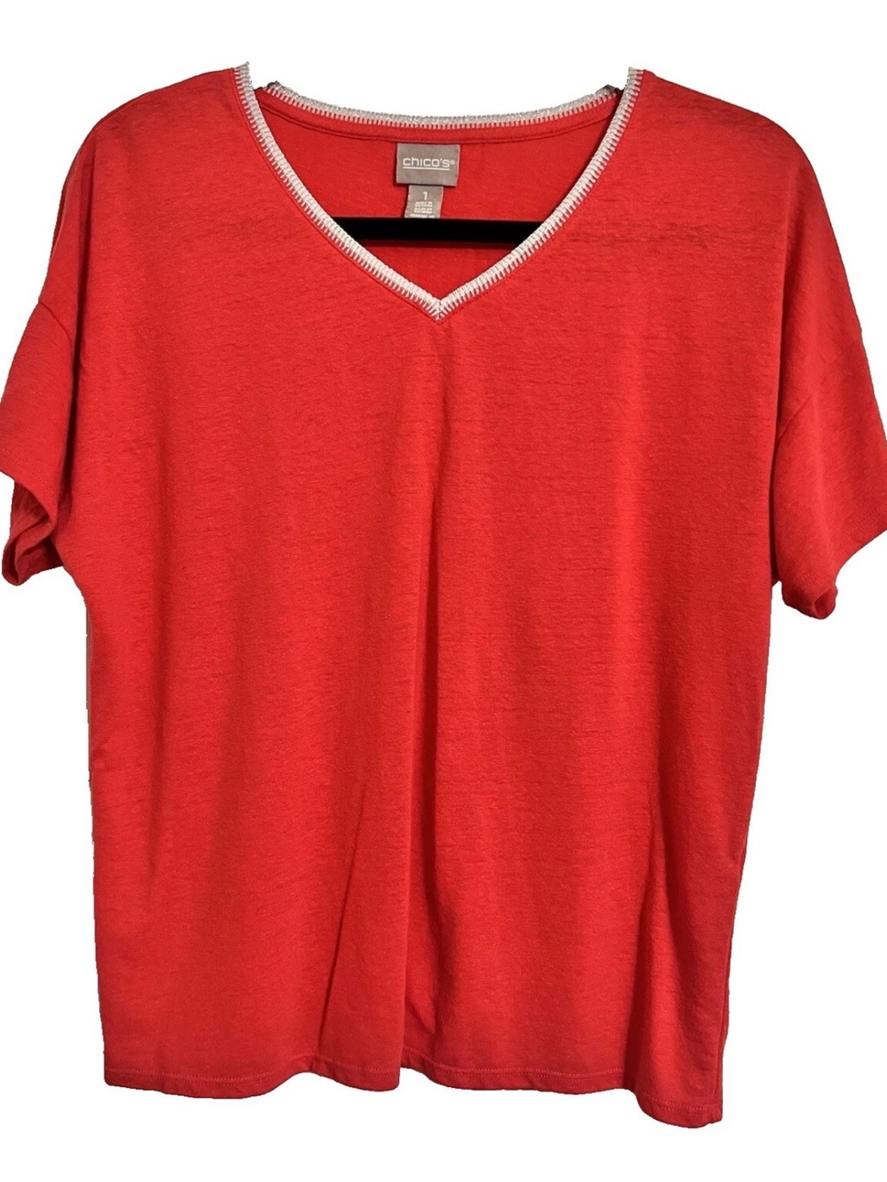 Chico's Coral-Red V-Neck Short Sleeve Tee with Contrast Trim